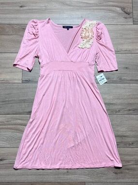 Blu‎ Heaven Womens V-Neck Puff Sleeve Embellished Dress Size M Blush Pink